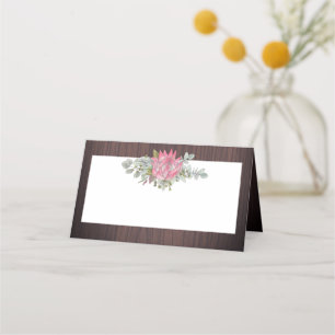 Carte De Placement Mariage rustique Protea Eucalyptus Foliage Bois
