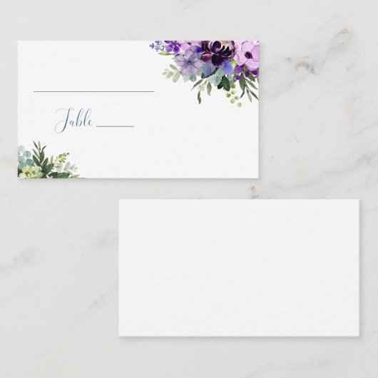 Carte De Placement Mariage simple à fleurs violet et vert (Devant / Derrière)