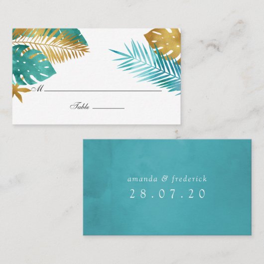 Carte De Placement Mariage turquoise et Gold Tropical (Devant / Derrière)