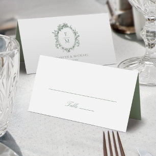 Carte De Placement Mariage Vert Botanique au Monogramme de la Crête V