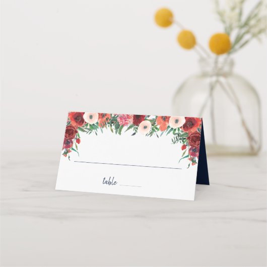 Carte De Placement Marine Bleu Corail Bourgogne Floral Aquarelle Mari (Devant)