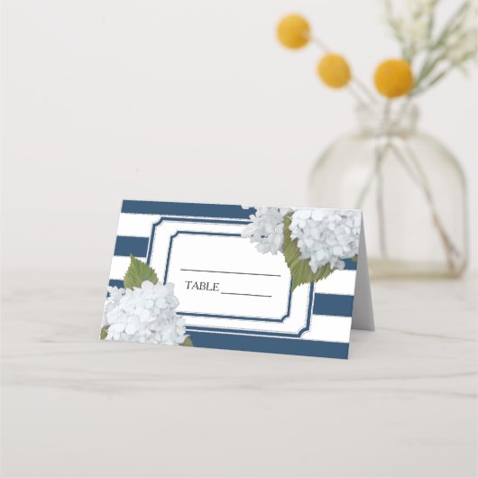 Carte De Placement Marine Bleu et Blanc rayé Hydrangea Art Floral (Devant)