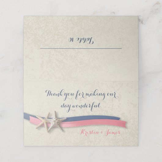 Carte De Placement Marine Blue and Pink Beach Starfish and Ribbon (Extérieur déplié)