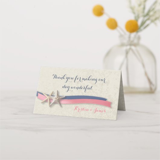 Carte De Placement Marine Blue and Pink Beach Starfish and Ribbon (Devant)