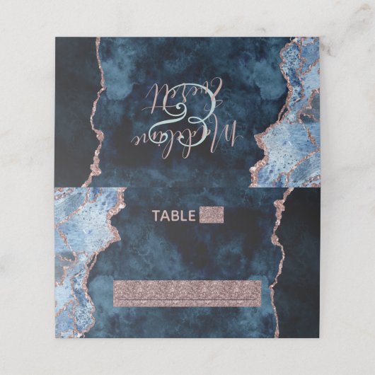 Carte De Placement Marine Blue Rose Gold Agate Siège Numéro de table (Extérieur déplié)