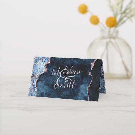 Carte De Placement Marine Blue Rose Gold Agate Siège Numéro de table (Dos)