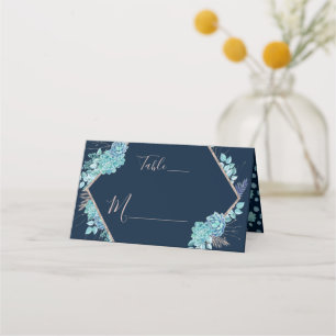 Carte De Placement Marine Blue Succulents & Rose Gold Numéro de table