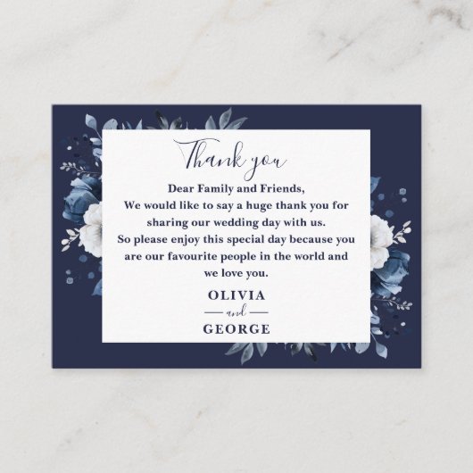 Carte De Placement Marine Pays Bleu Floral Mariage Merci (Devant)