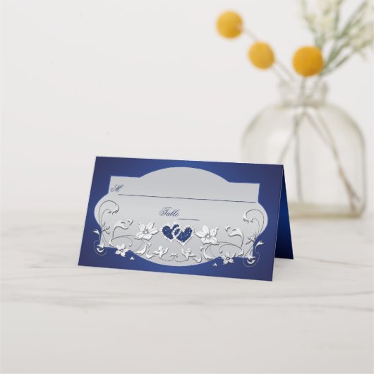 Carte De Placement Marine, Silver Grey Floral, Hearts Place Card (Devant)