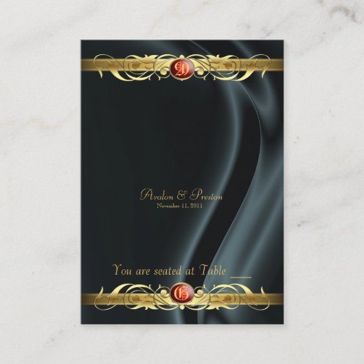 Carte De Placement Marquis Black Silk Gold Scroll Ruby Placecard (Devant)