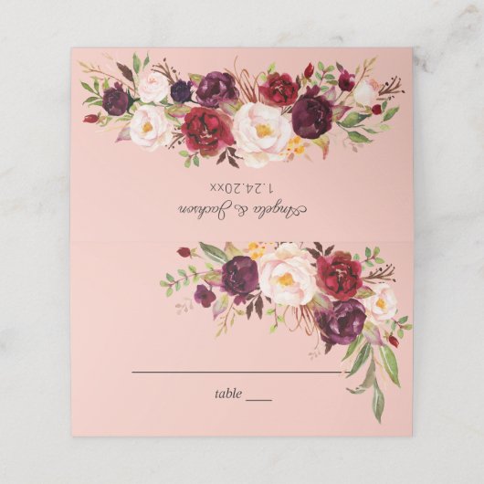 Carte De Placement Marsala Bourgogne & Flore Blush - Rose 2 (Extérieur déplié)