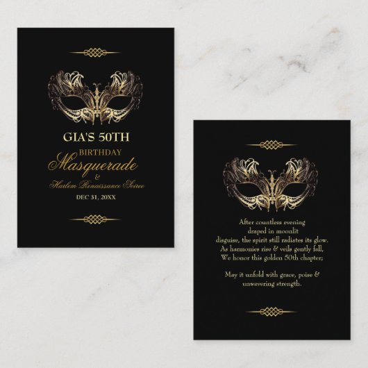 Carte De Placement Mask Black Gold 50th Masquerade Birthday (Devant / Derrière)