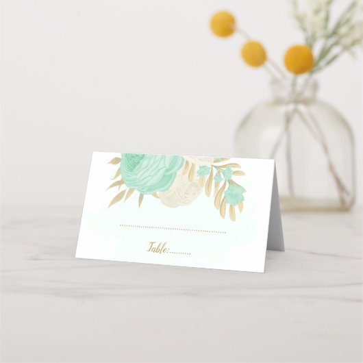 Carte De Placement menthe vert & blanc fleurs or mariage botanique (Devant)