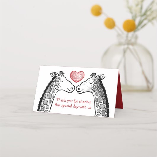 Carte De Placement Merci de Bourgogne rouge Giraffe Love Wedding Part (Devant)