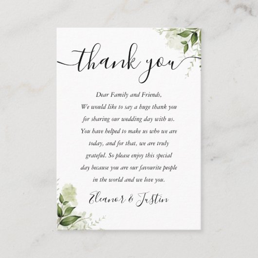Carte De Placement Merci Mariage Feuille Script vert (Devant)