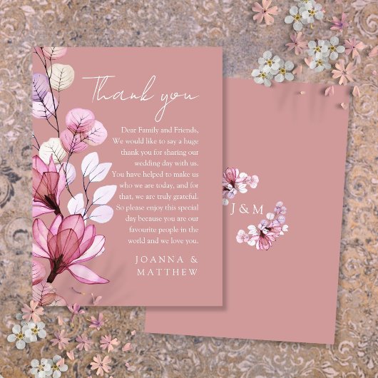 Carte De Placement Merci Mariage Rose transparent Floral Dusty