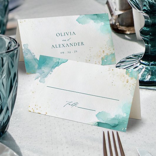 Carte De Placement Modern Teal Gold Abstract Beach Wedding