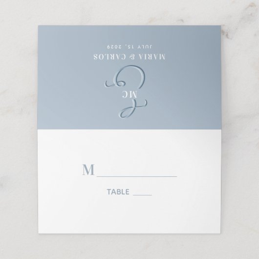 Carte De Placement Monogramme Dusty Mariage bleu (Extérieur déplié)