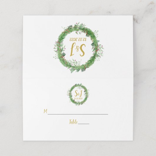 Carte De Placement Monogramme et couronne | Mariage de verdure d'hive (Extérieur déplié)