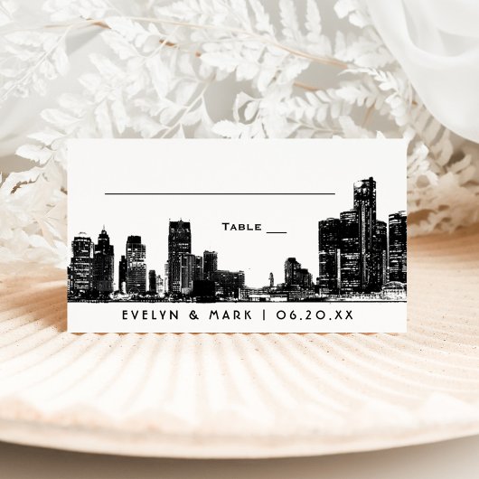 Carte De Placement Monogramme Mariage Art déco noir de Detroit Skylin