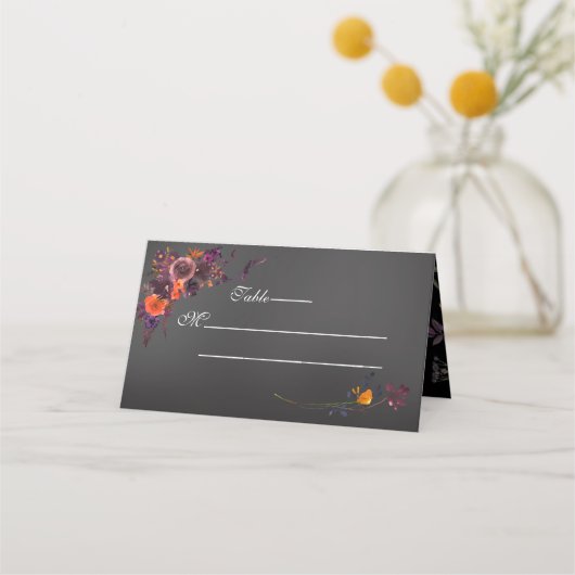Carte De Placement Monogramme noir floral d'automne (Devant)