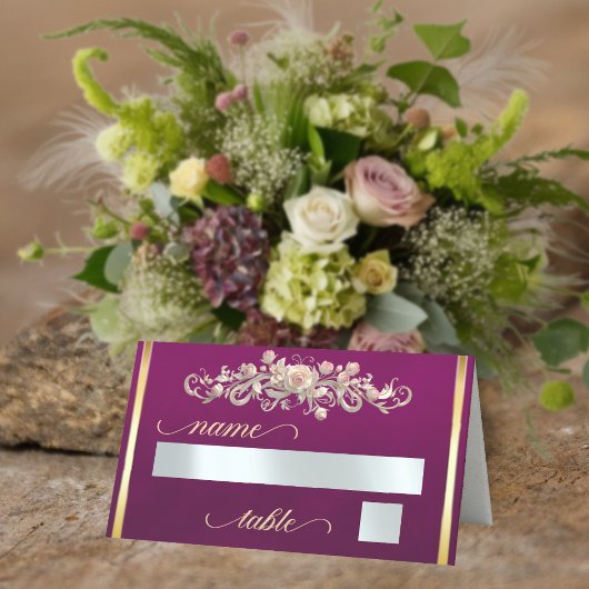 Carte De Placement Monogramme Roses & Cœur - Prune
