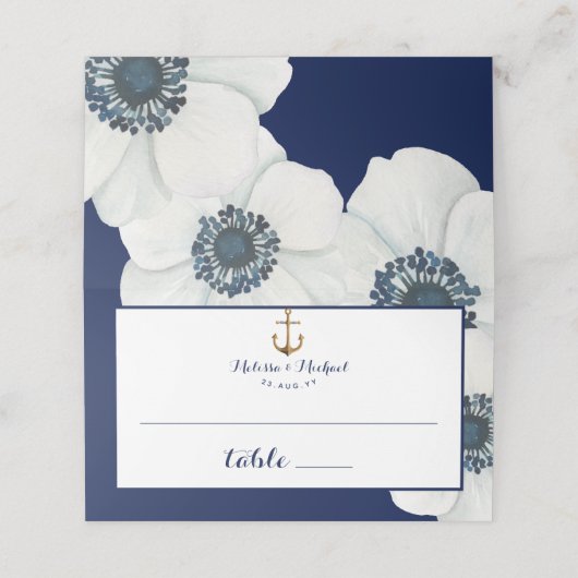 Carte De Placement #Nautical Navy Mariage d'anémone bleu et blanc (Extérieur déplié)