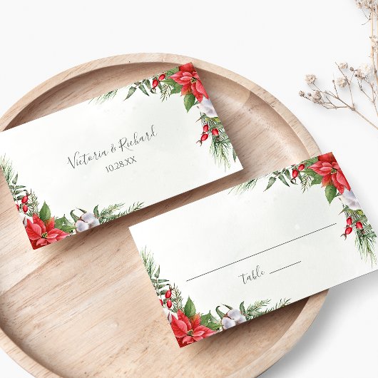 Carte De Placement Noël Poinsettia Mariage de verdure d'hiver
