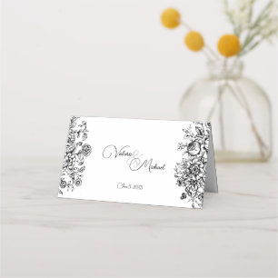Carte De Placement Noir Blanc Damassé Floral Toile