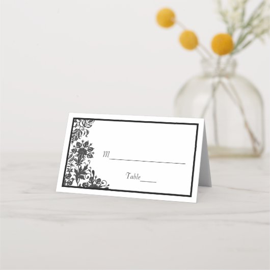 Carte De Placement Noir & Blanc Floral Damask plié (Devant)