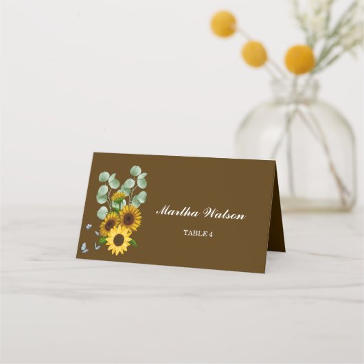 Carte De Placement Nom de mariage eucalyptus tournesol rustique (Devant)
