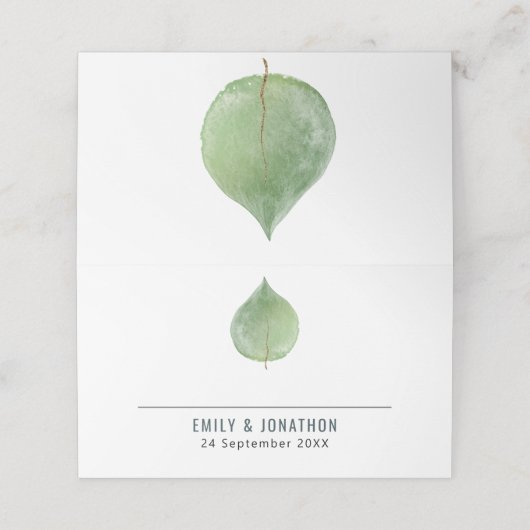 Carte De Placement Noms de feuille d'eucalyptus vert unique Date Mari (Extérieur déplié)