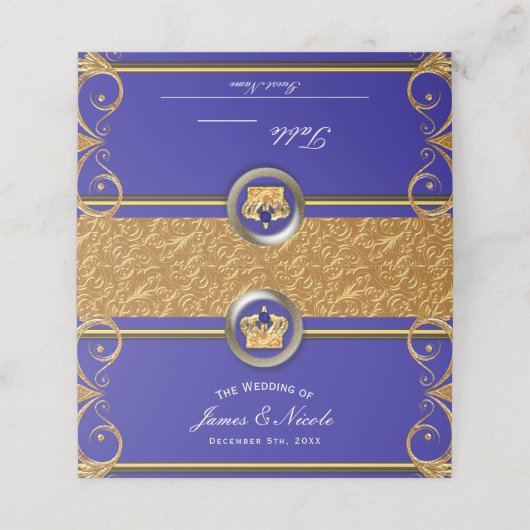 Carte De Placement Numéro de table Gold & Royal Blue Crown Party (Extérieur déplié)