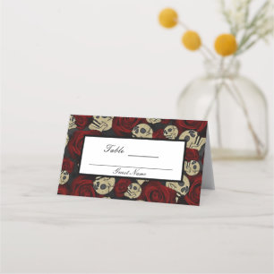Carte De Placement Numéro de table gothique floral noir crânes roses 