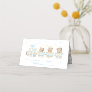 Carte De Placement Numéro de table pour Baby Shower Train Bleu Ours