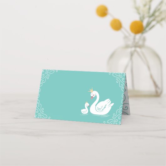 Carte De Placement Oiseau Baby shower cygne avec thème Couronne Turqu (Devant)