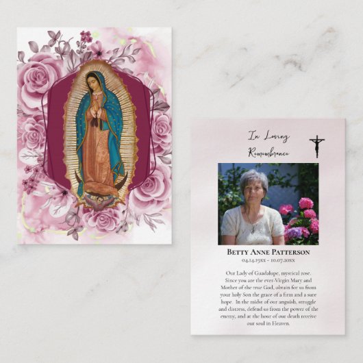 Carte De Placement Our Lady of Guadalupe Mystical Rose Funeral Prayer (Devant / Derrière)