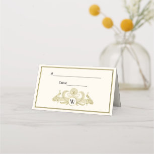 Carte De Placement Paons vintage monogramme or faux ivoire BG
