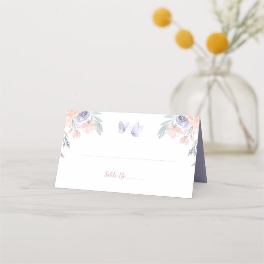 Carte De Placement Papillon rose violet floral Baby shower plié (Devant)