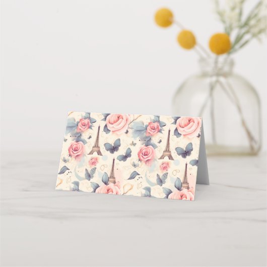 Carte De Placement Papillon Tour Eiffel et Motif Rose (Devant)
