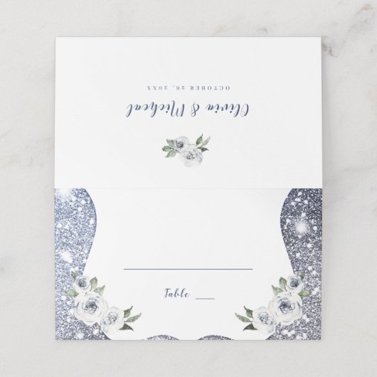 Carte De Placement Parties scintillant bleu argent étincelant et Mari (Extérieur déplié)