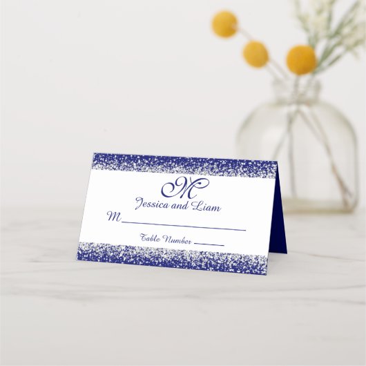 Carte De Placement Parties scintillant d'argent Confetti et Royal Blu (Devant)