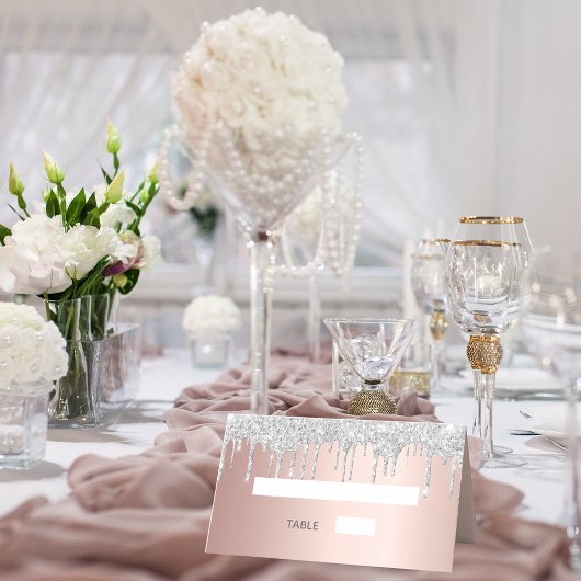 Carte De Placement parties scintillant rose or argent gouttes anniver