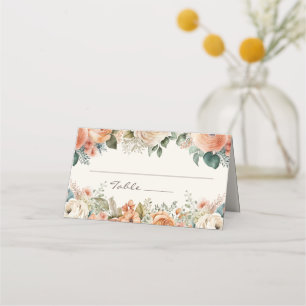 Carte De Placement Peach White Floral Eucalyptus Monogram Mariage