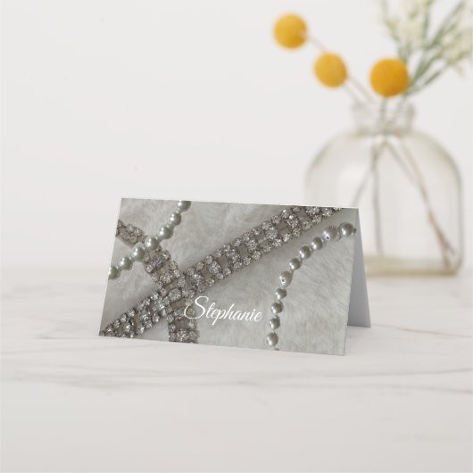 Carte De Placement Perles en faux fourrure et porte-nom diamant (Devant)