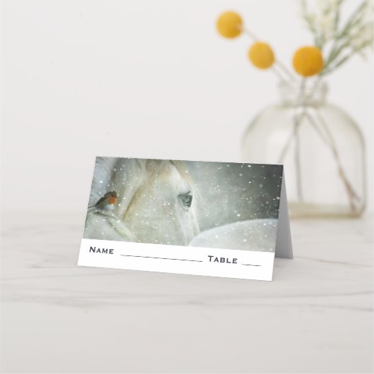 Carte De Placement Photo de White Horse and Bird en hiver (Devant)