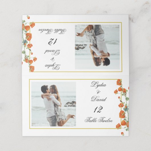 Carte De Placement Photo Gold Floral Elégant Mariage Numéro de table (Extérieur déplié)