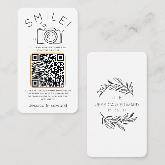 Carte De Placement Photos noires classiques mémorables Qr Code Mariag (Devant / Derrière)