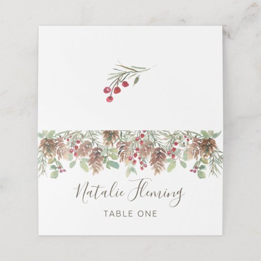 Carte De Placement Pin vert hiver Rouge Berry Mariage de Noël (Extérieur déplié)