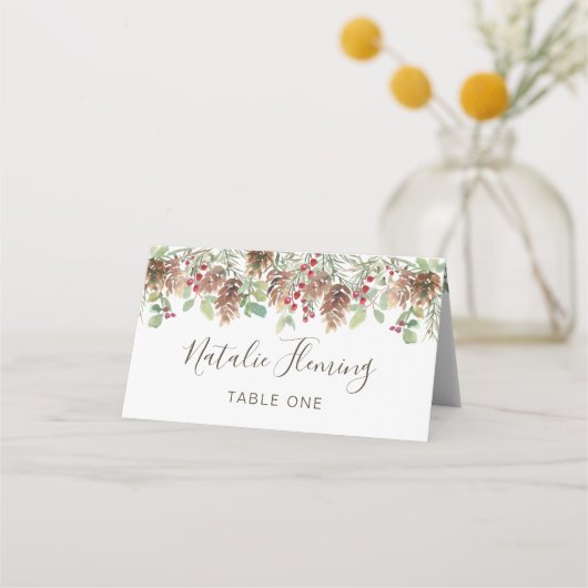 Carte De Placement Pin vert hiver Rouge Berry Mariage de Noël (Devant)